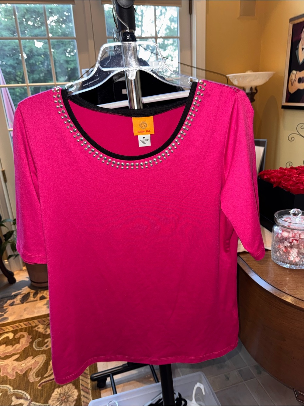 Ruby Rd. Bright Pink Short Sleeve Scoop Neck Top with Stud Trim